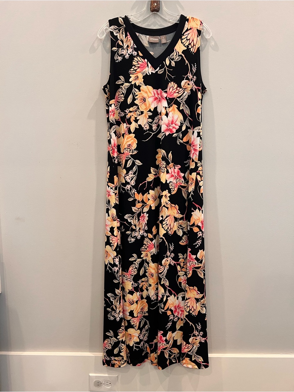Chicos ankle length Sleeveless Black Floral Maxi Dress - chicos size 1